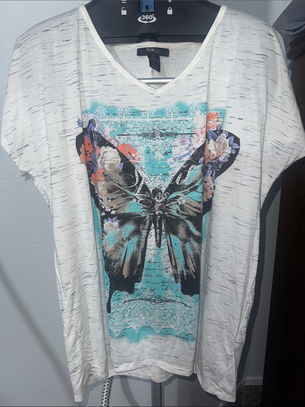 Style & Co. White Short-Sleeve Tee with Turquoise Butterfly Graphic